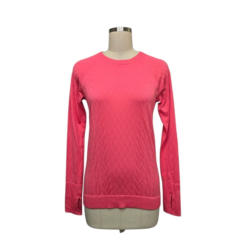 Lululemon Rest Less Pullover Pink Jacquard Diamond Knit Long Sleeve Thumbholes